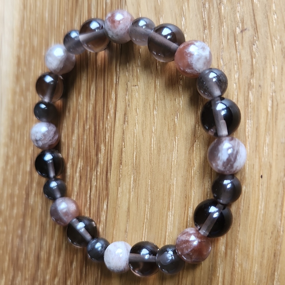 Fire Sunstone, Smoky Quartz & Ice Obsidian Bead Stretch Bracelet, Hand Crafted - Picture 7 of 9